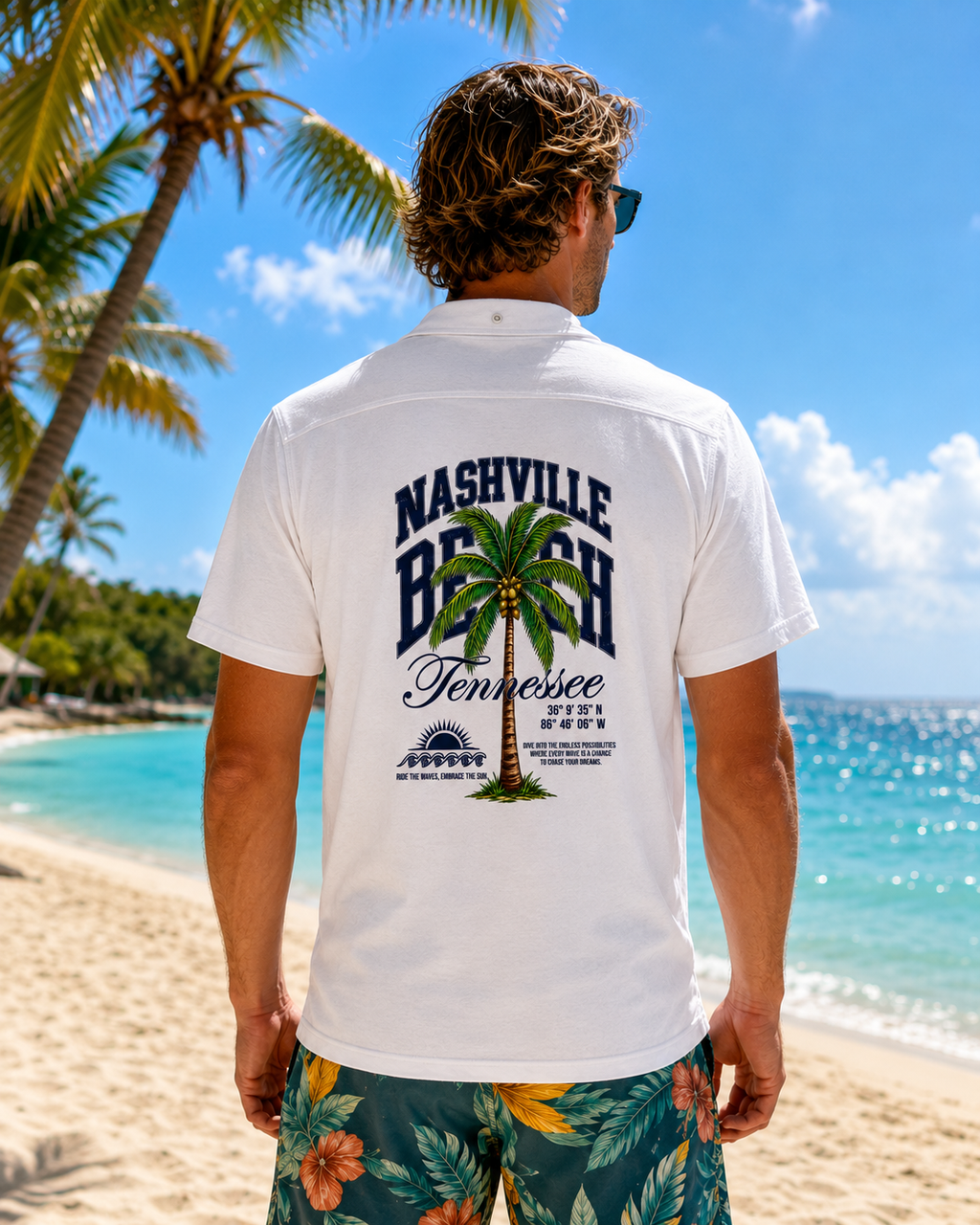 Nashville Beach Tennessee Palm Tree-Beach Bahama Style – Men’s Beach Tee