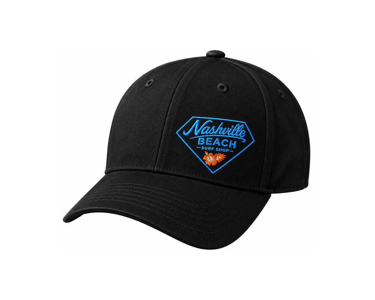 Nashville Beach Surf Shop Black Trucker-Style Baseball Cap – Blue Badge & Hibiscus
