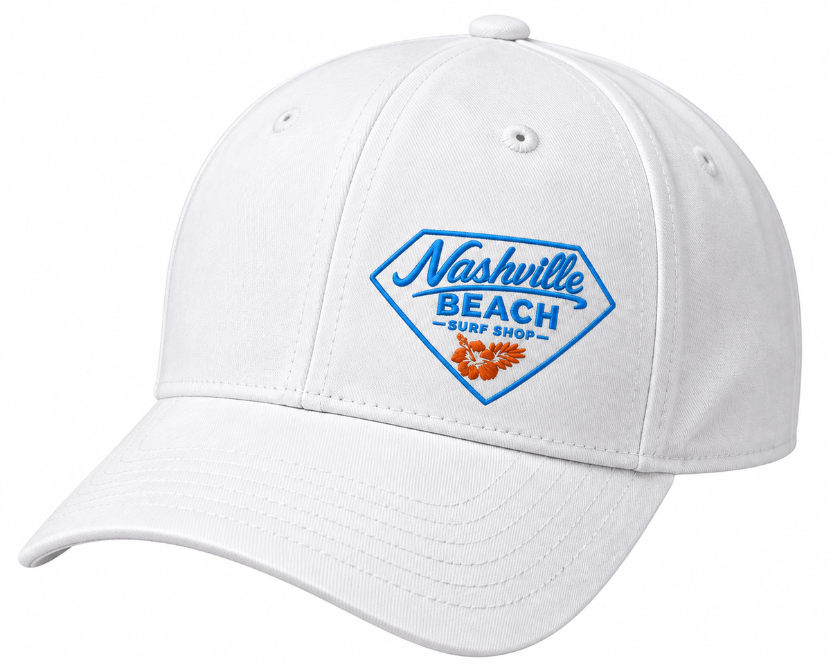 Nashville Beach Surf Shop Black Trucker-Style Baseball Cap – Blue Badge & Hibiscus