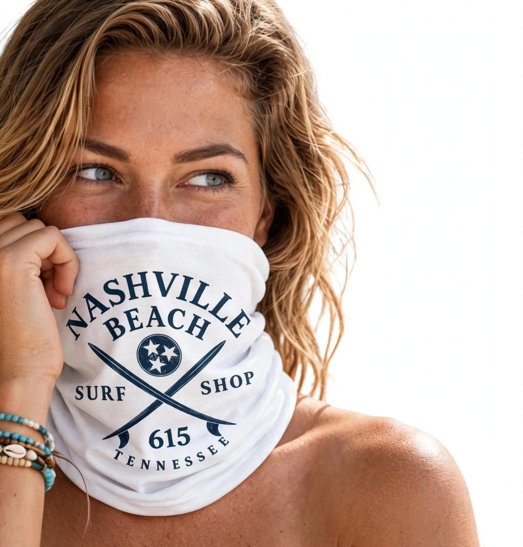 Nashville Beach Surf Shop neck gaiter worn as face covering, model on white background