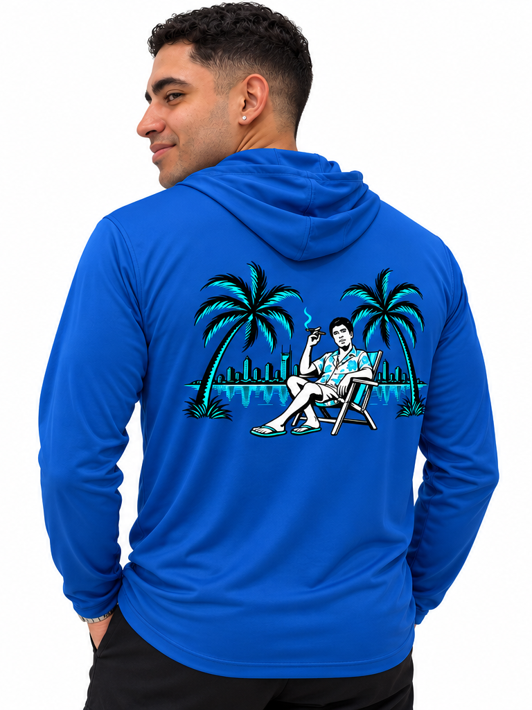 Montana Beach Performance Hoodie - back view with large beach graphic