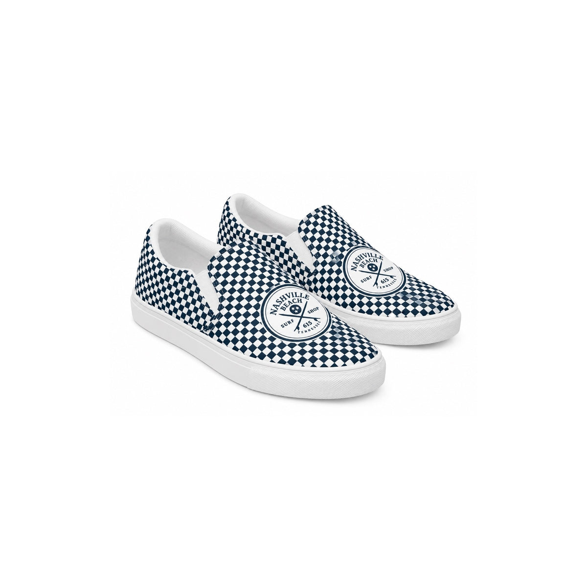 NB Trucks Checkerboard Slip-Ons, angled pair view