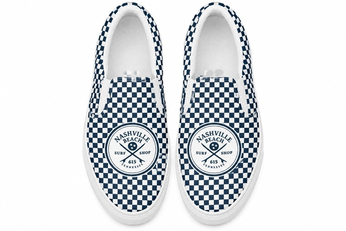 NB Trucks Checkerboard Slip-Ons, top view, Nashville Beach Surf Shop logo