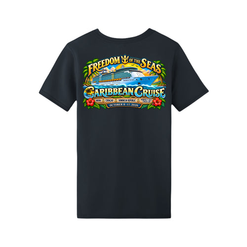 Men's 538486 Freedom of the Seas 2026 Caribbean cruise t-shirt – back view with ship graphic and Aruba, Coco Cay, Nassau, Bahamas ports