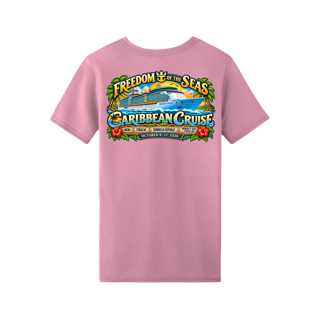 Men's 538486 Freedom of the Seas 2026 Caribbean cruise t-shirt – back view with ship graphic and Aruba, Coco Cay, Nassau, Bahamas ports