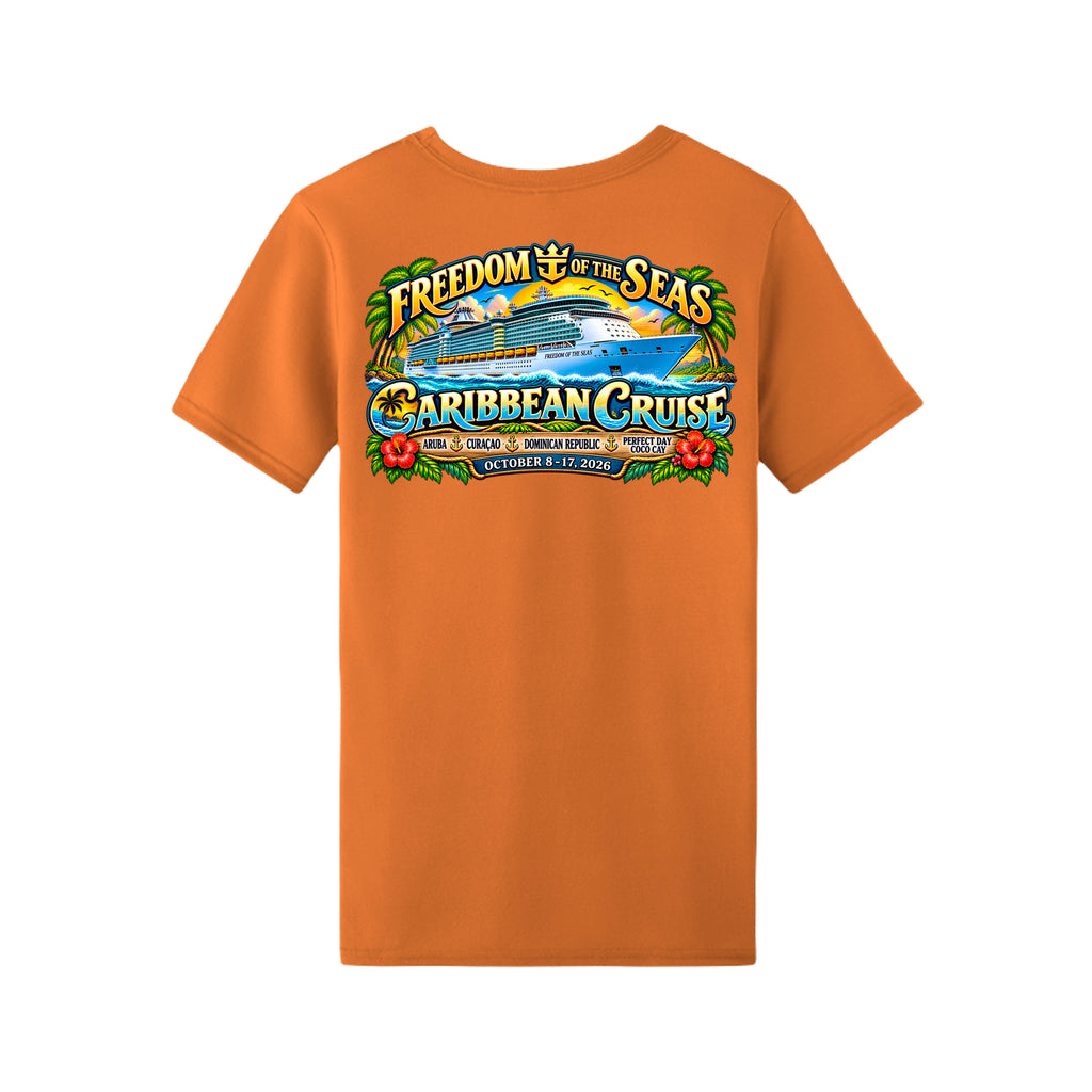 Men's 538486 Freedom of the Seas 2026 Caribbean cruise t-shirt – back view with ship graphic and Aruba, Coco Cay, Nassau, Bahamas ports