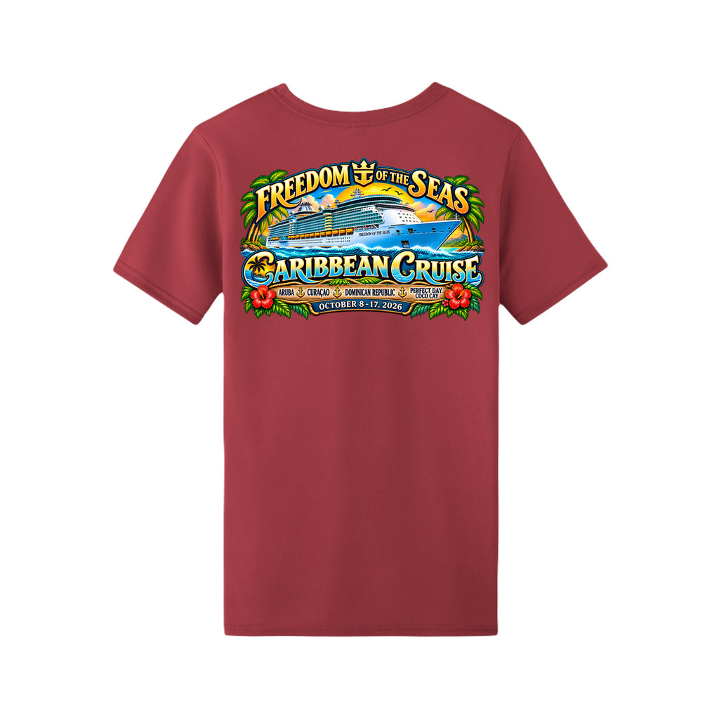 Men's 538486 Freedom of the Seas 2026 Caribbean cruise t-shirt – back view with ship graphic and Aruba, Coco Cay, Nassau, Bahamas ports