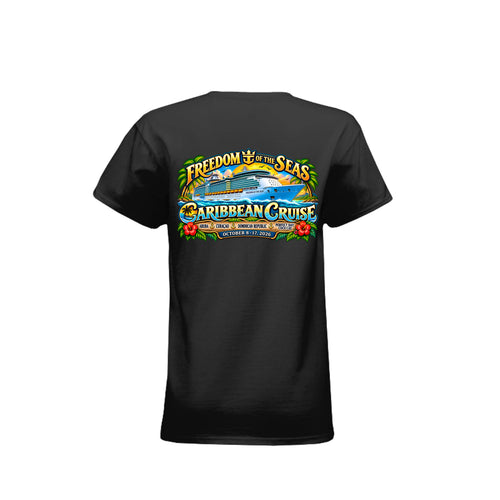 Women's 538493 Freedom of the Seas 2026 Caribbean cruise t-shirt – back view with ship graphic and Aruba, Coco Cay, Nassau, Bahamas ports