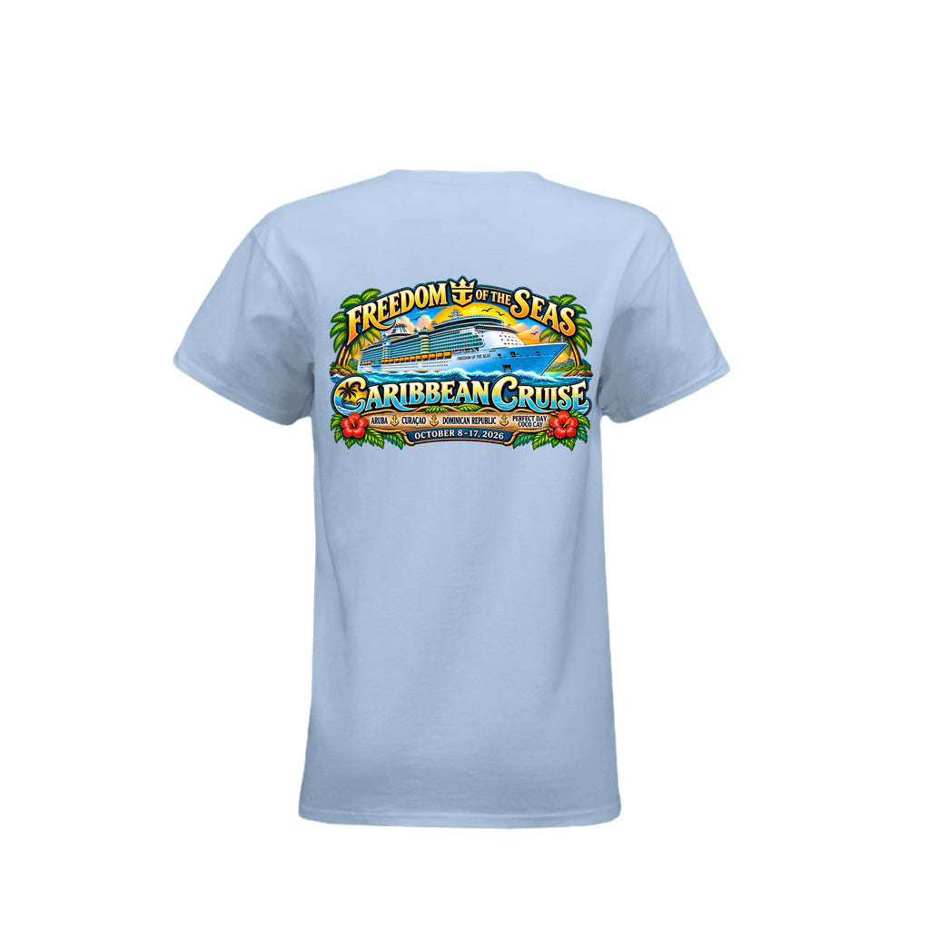 Women's 538493 Freedom of the Seas 2026 Caribbean cruise t-shirt – back view with ship graphic and Aruba, Coco Cay, Nassau, Bahamas ports