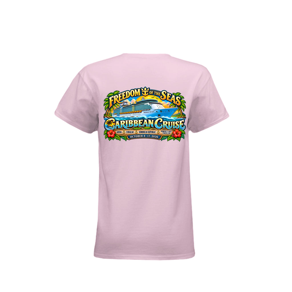 Women's 538493 Freedom of the Seas 2026 Caribbean cruise t-shirt – back view with ship graphic and Aruba, Coco Cay, Nassau, Bahamas ports