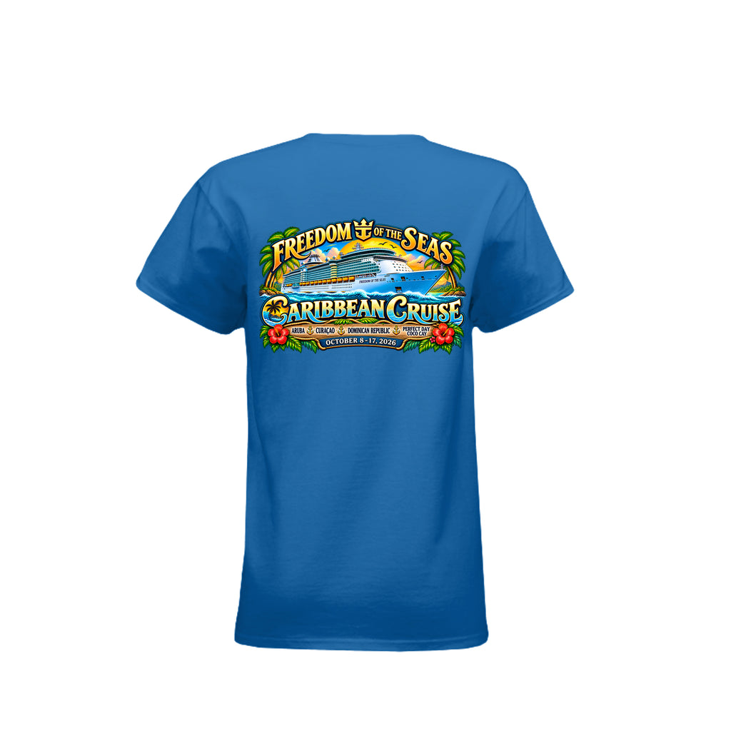 Women's 538493 Freedom of the Seas 2026 Caribbean cruise t-shirt – back view with ship graphic and Aruba, Coco Cay, Nassau, Bahamas ports