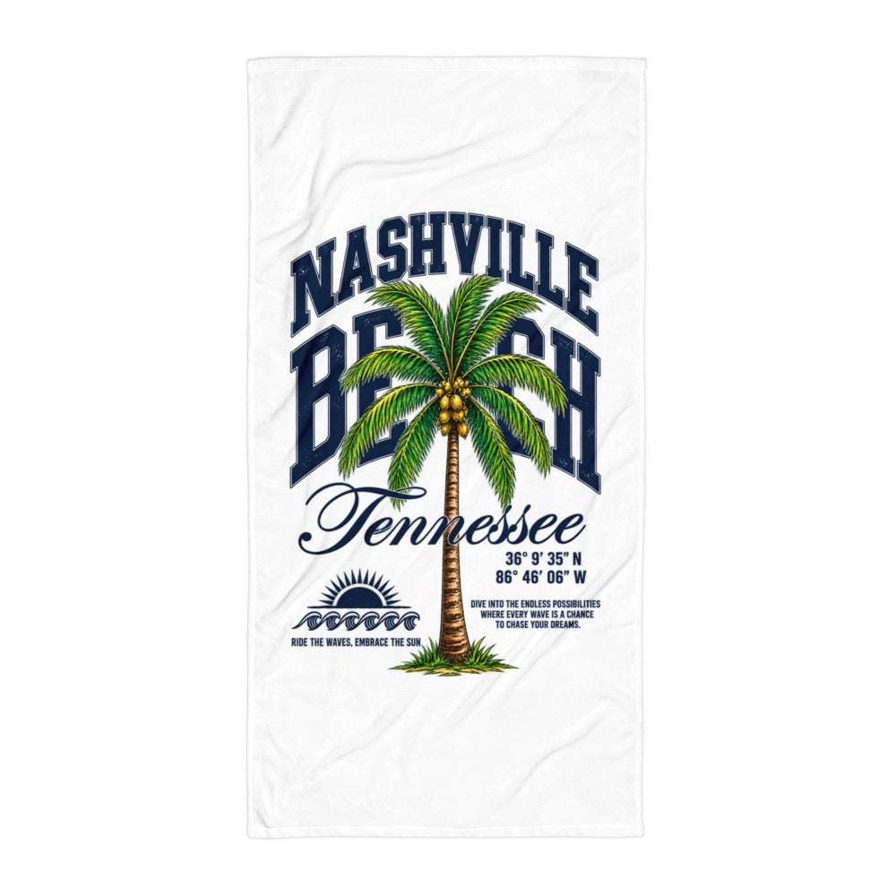Nashville Beach Tennessee beach towel with teal sunset and Nashville skyline design