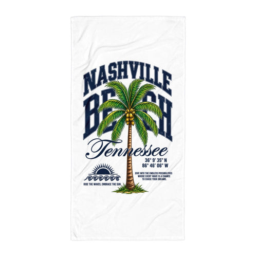 Nashville Beach Tennessee beach towel with teal sunset and Nashville skyline design