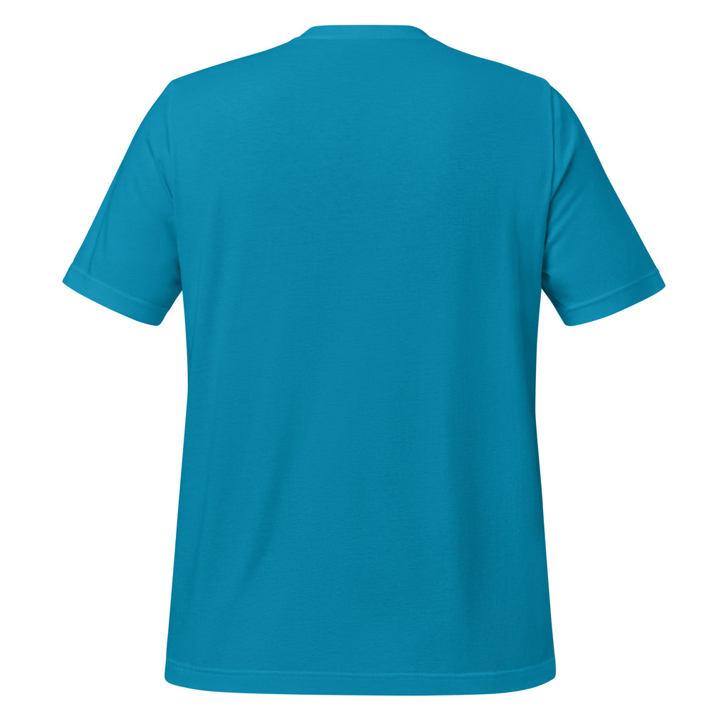 Be Still Psalm 46:10 script graphic on aqua men's t-shirt - back view