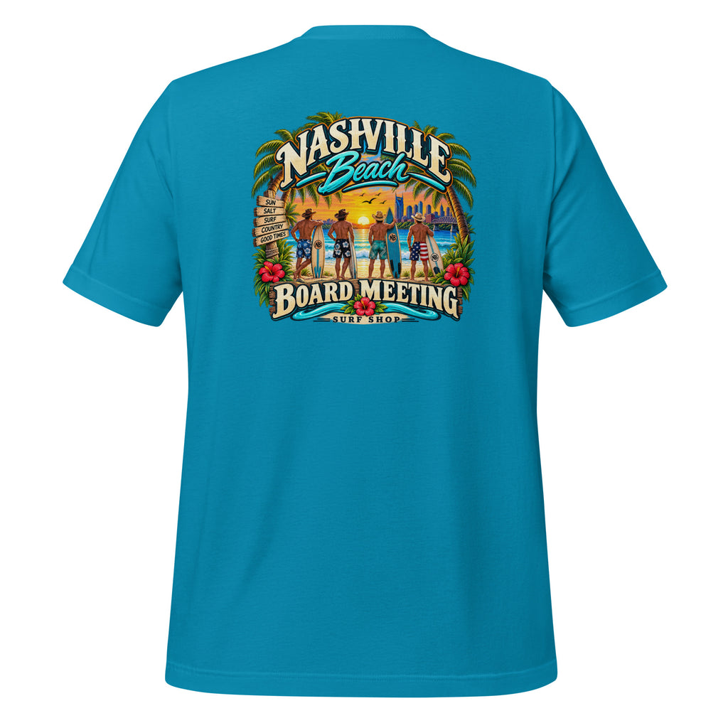 Board Meeting cowboy surfers graphic on aqua men's t-shirt - back view