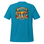 Board Meeting cowboy surfers graphic on aqua men's t-shirt - back view