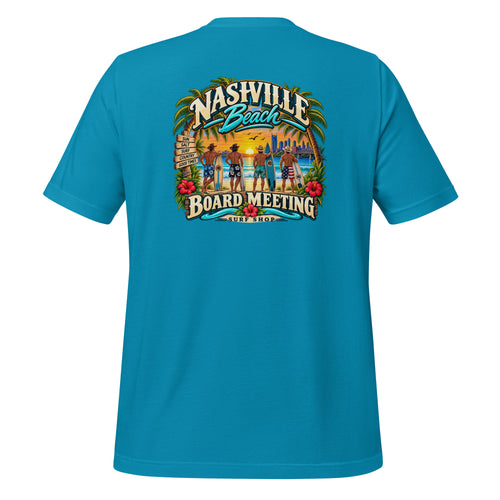 Board Meeting cowboy surfers graphic on aqua men's t-shirt - back view