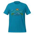 Salt and Light faith script graphic on aqua men's t-shirt - front view