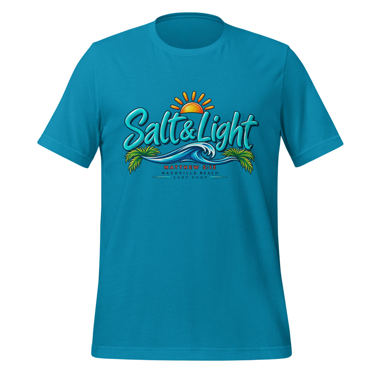 Salt and Light faith script graphic on aqua men's t-shirt - front view