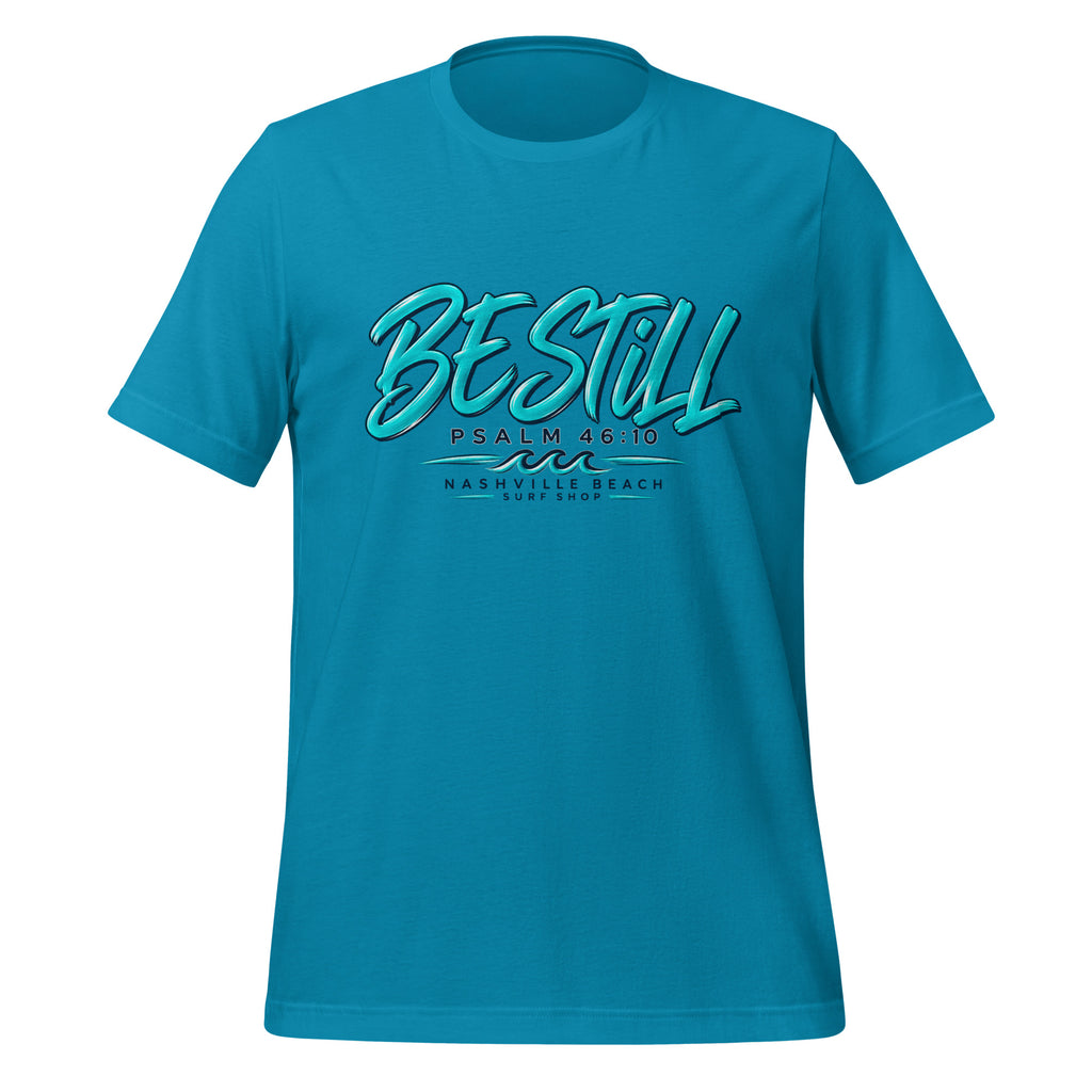 Be Still Psalm 46:10 script graphic on aqua men's t-shirt - front view