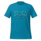 Be Still Psalm 46:10 script graphic on aqua men's t-shirt - front view