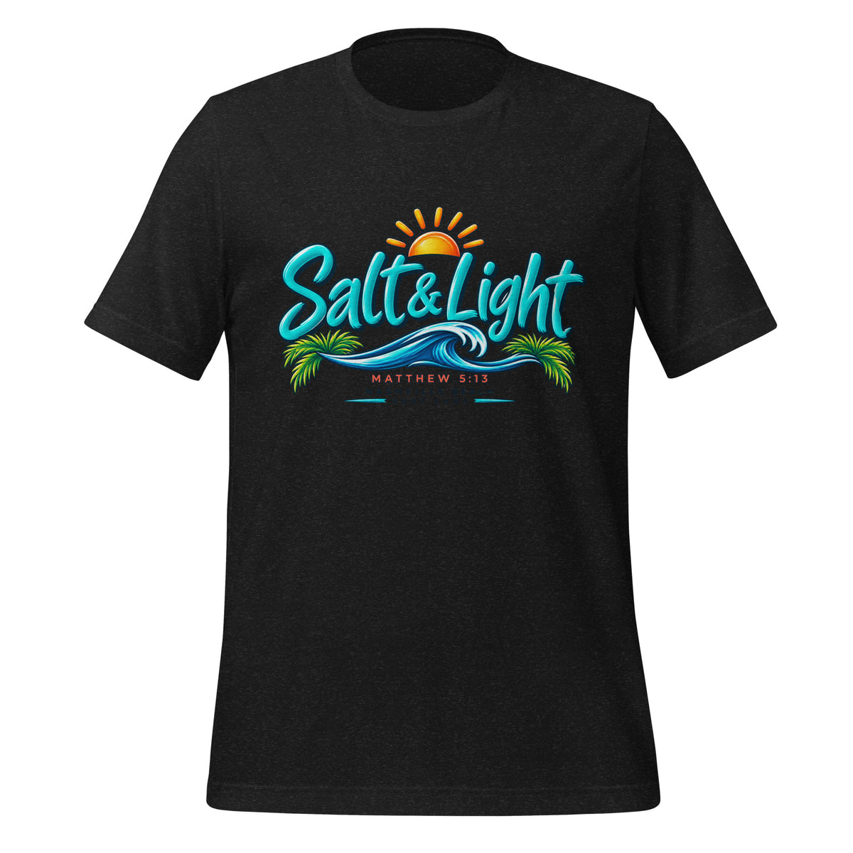 Salt and Light faith script graphic on black men's t-shirt - front view