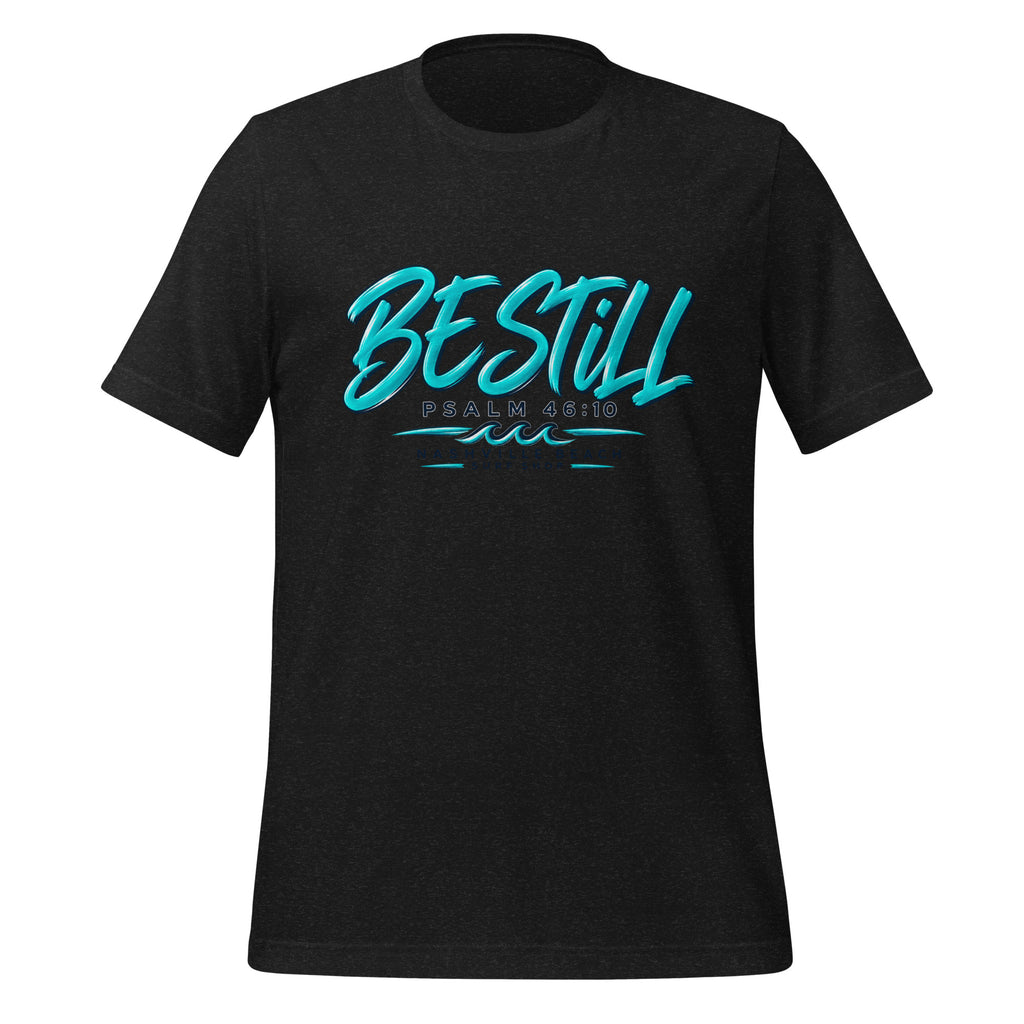 Be Still Psalm 46:10 script graphic on black men's t-shirt - front view