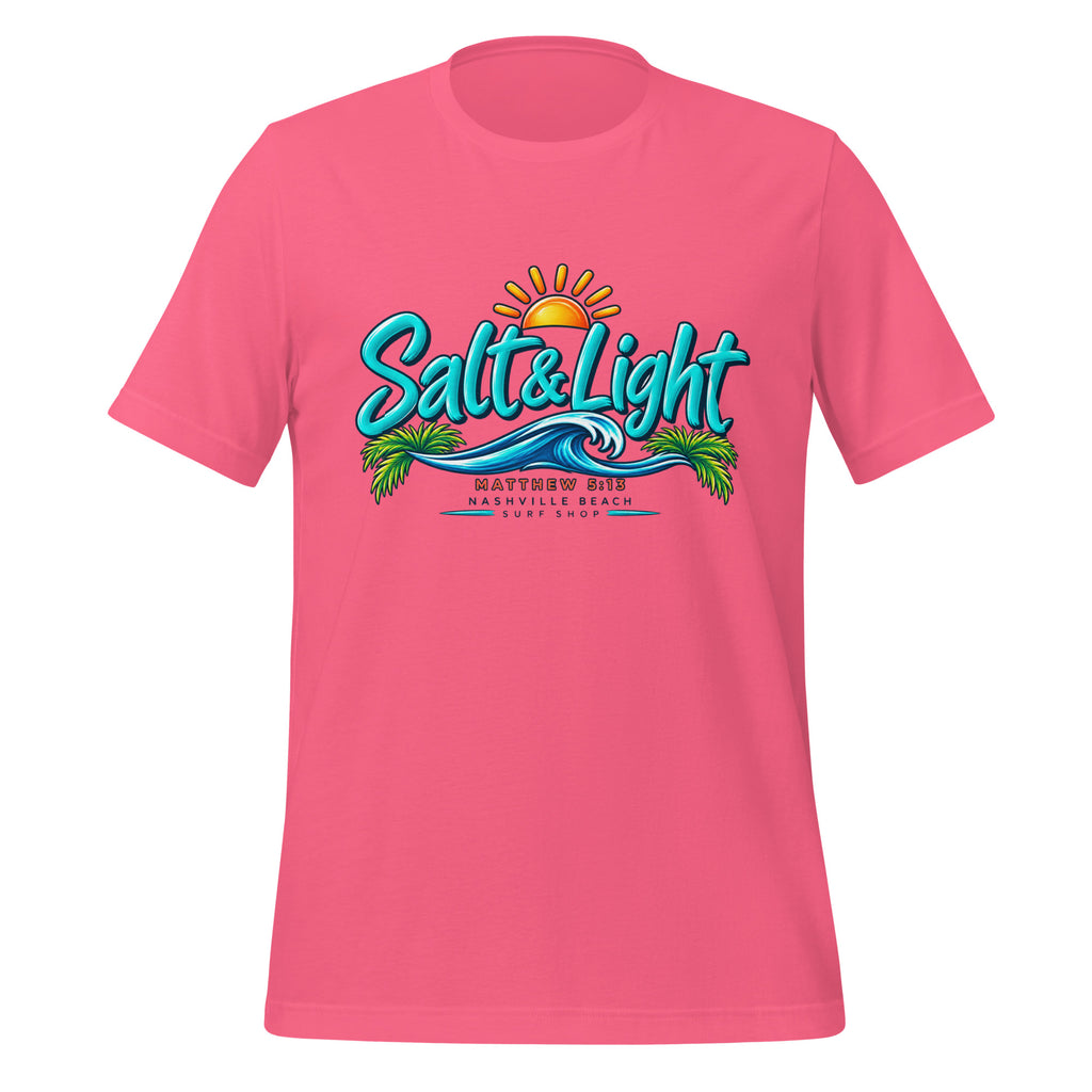 Salt and Light faith script graphic on pink men's t-shirt - front view