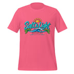 Salt and Light faith script graphic on pink men's t-shirt - front view