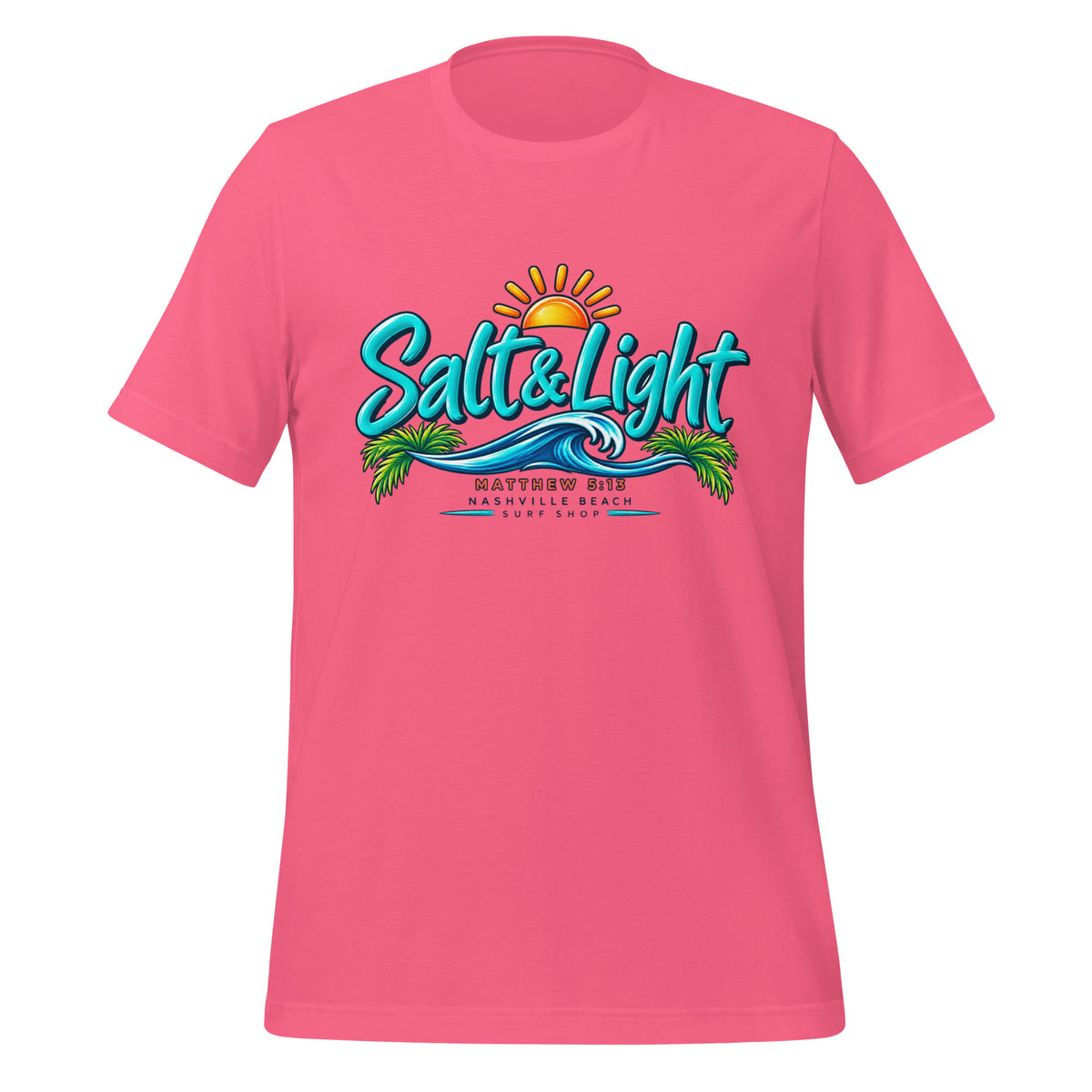 Salt and Light faith script graphic on pink men's t-shirt - front view