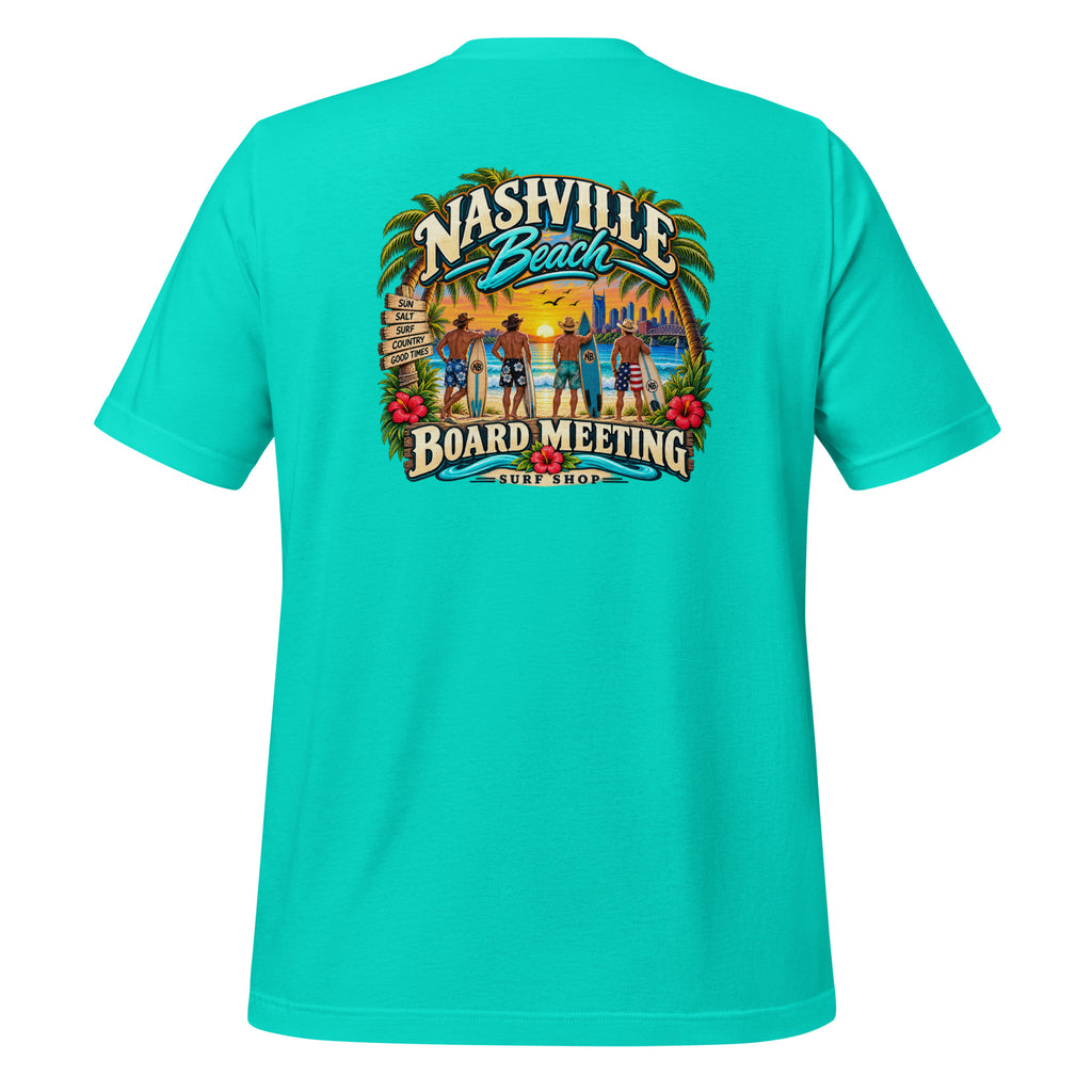 Board Meeting cowboy surfers graphic on teal men's t-shirt - back view