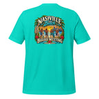 Board Meeting cowboy surfers graphic on teal men's t-shirt - back view