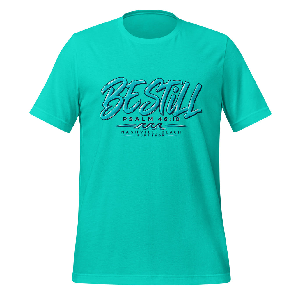 Be Still Psalm 46:10 script graphic on teal men's t-shirt - front view