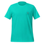 Board Meeting cowboy surfers graphic on teal men's t-shirt - front view