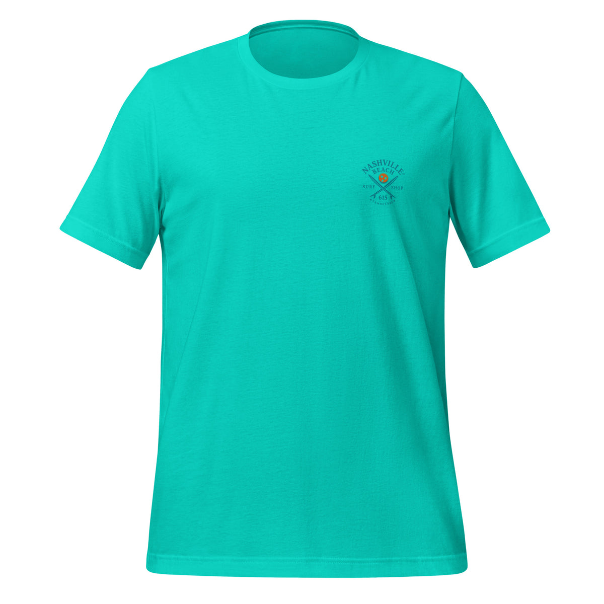 Board Meeting cowboy surfers graphic on teal men's t-shirt - front view