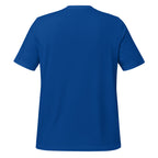 Be Still Psalm 46:10 script graphic on royal blue men's t-shirt - back view
