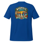 Board Meeting cowboy surfers graphic on royal blue men's t-shirt - back view