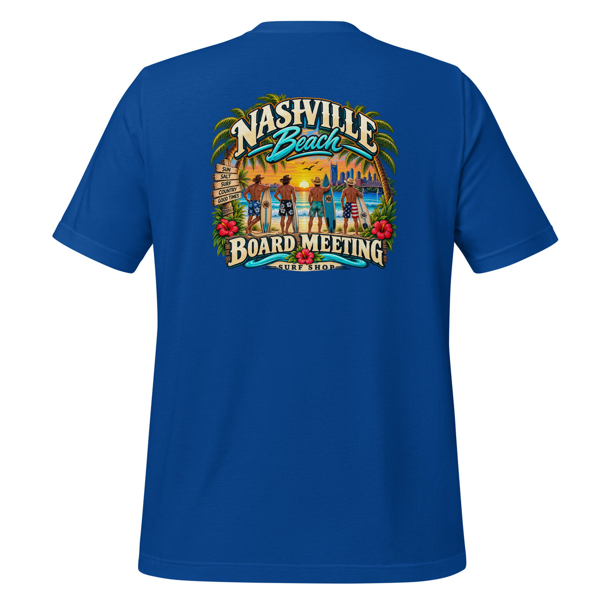 Board Meeting cowboy surfers graphic on royal blue men's t-shirt - back view