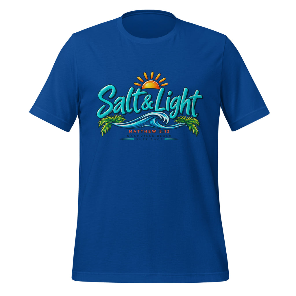 Salt and Light faith script graphic on royal blue men's t-shirt - front view