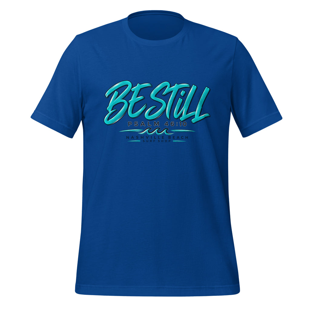 Be Still Psalm 46:10 script graphic on royal blue men's t-shirt - front view