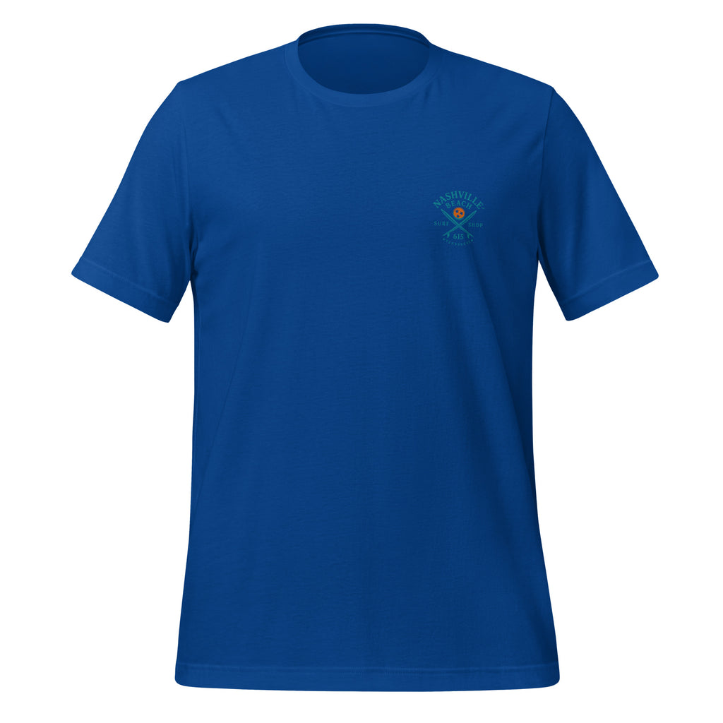Board Meeting cowboy surfers graphic on royal blue men's t-shirt - front view