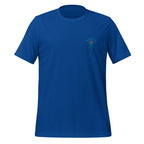 Board Meeting cowboy surfers graphic on royal blue men's t-shirt - front view