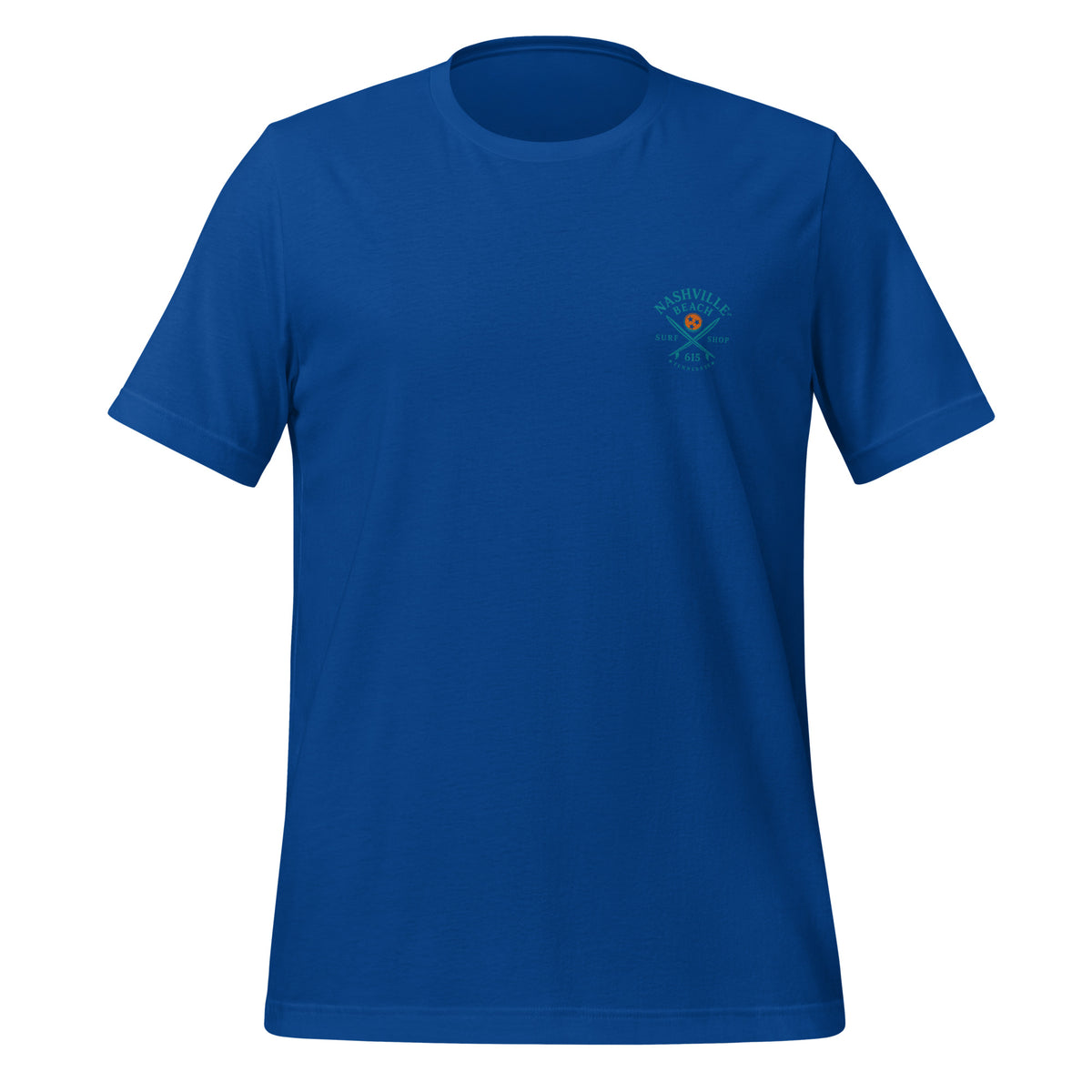 Board Meeting cowboy surfers graphic on royal blue men's t-shirt - front view
