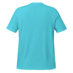 Be Still Psalm 46:10 script graphic on turquoise men's t-shirt - back view