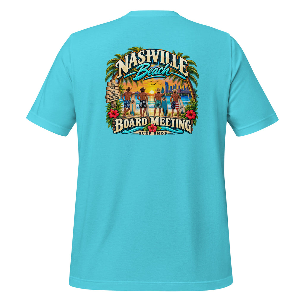 Board Meeting cowboy surfers graphic on turquoise men's t-shirt - back view