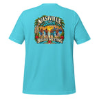 Board Meeting cowboy surfers graphic on turquoise men's t-shirt - back view