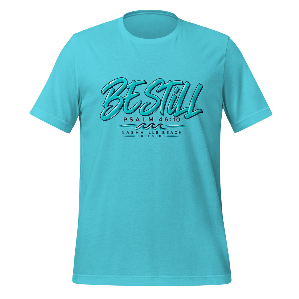 Be Still Psalm 46:10 script graphic on turquoise men's t-shirt - front view