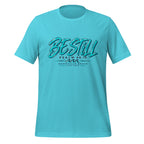 Be Still Psalm 46:10 script graphic on turquoise men's t-shirt - front view