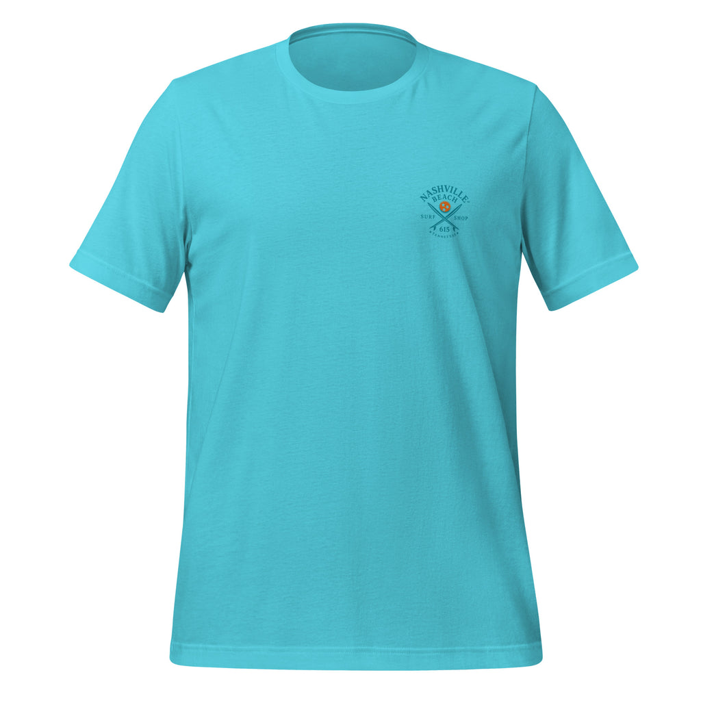 Board Meeting cowboy surfers graphic on turquoise men's t-shirt - front view