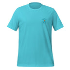 Board Meeting cowboy surfers graphic on turquoise men's t-shirt - front view